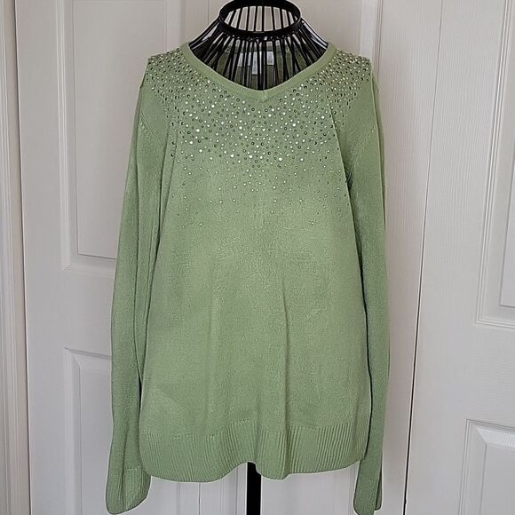 CAROL TAYLOR Green V-neck Sweater with Removeable Scarf Size Large - Picture 6 of 6